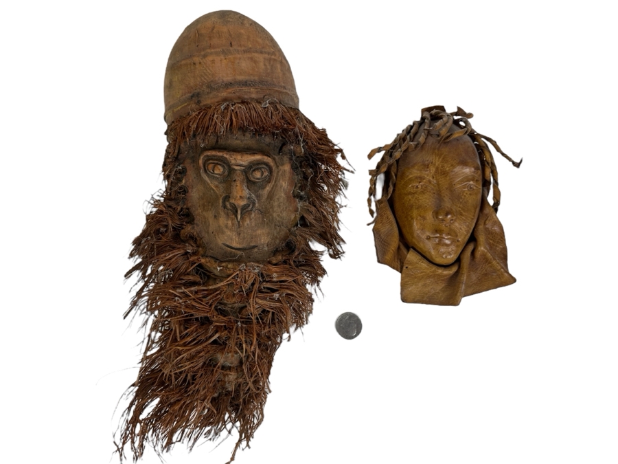 Just Added - Carved Monkey Wall Decor 15H And Leather Female Bust Sculpture 7H