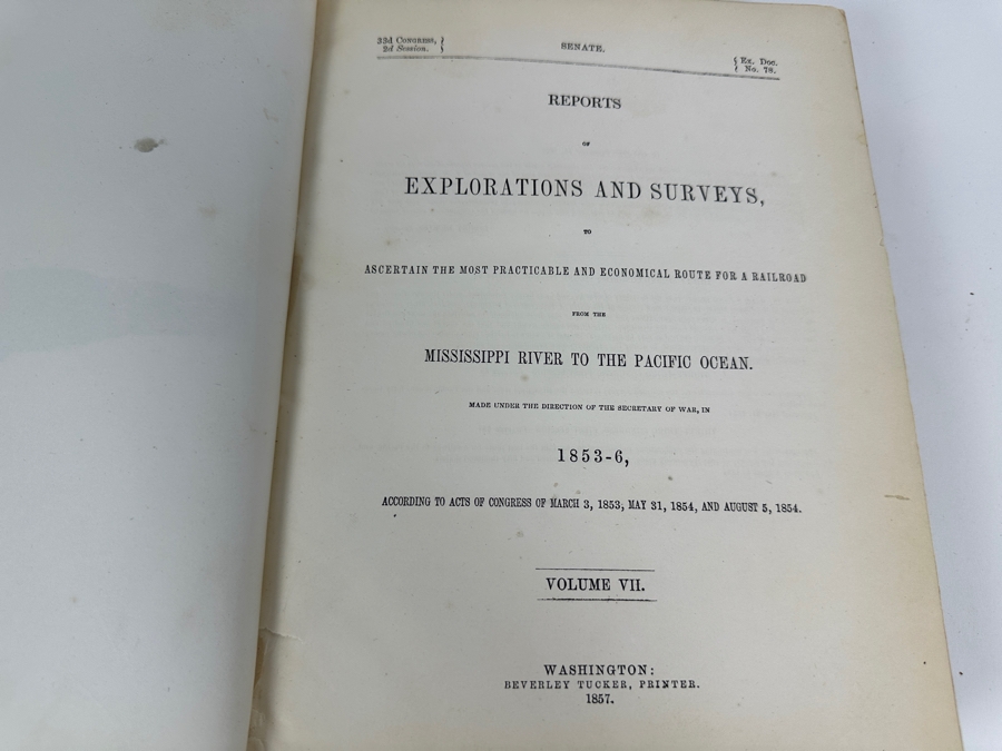 Just Added - Antique 1857 First Edition Book Reports Of Explorations And Surveys For A Railroad From The Mississippi River To The Pacific Ocean By The Secretary Of War From 1853-1856 Complete With Landscape & Botanical Plates And Maps Vol 7 [Photo 7]