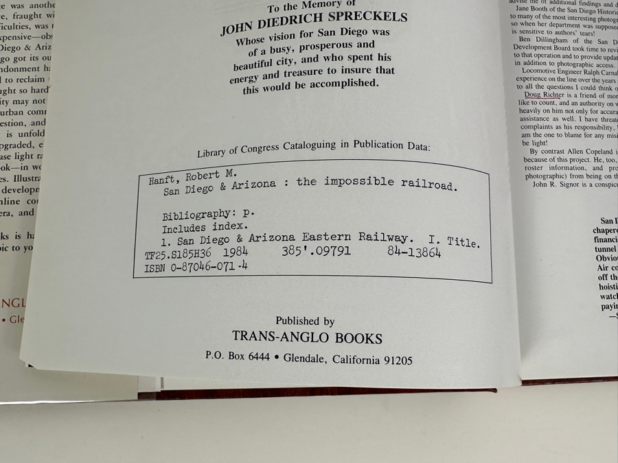 Just Added - First Printing Hardcover Book San Diego & Arizona The Impossible Railroad By Robert M. Hanft 1984 Estimate $125 [Photo 8]