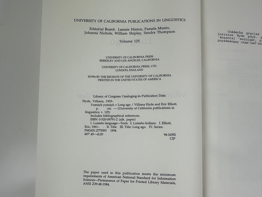 Just Added - Hardcover Book Ymayk Yumayk Long Ago By Villiana Calac Hyde And Eric Elliott University Of California Press Publications In Linguistics Luiseno Indians Language 1994 Estimate $700 [Photo 4]