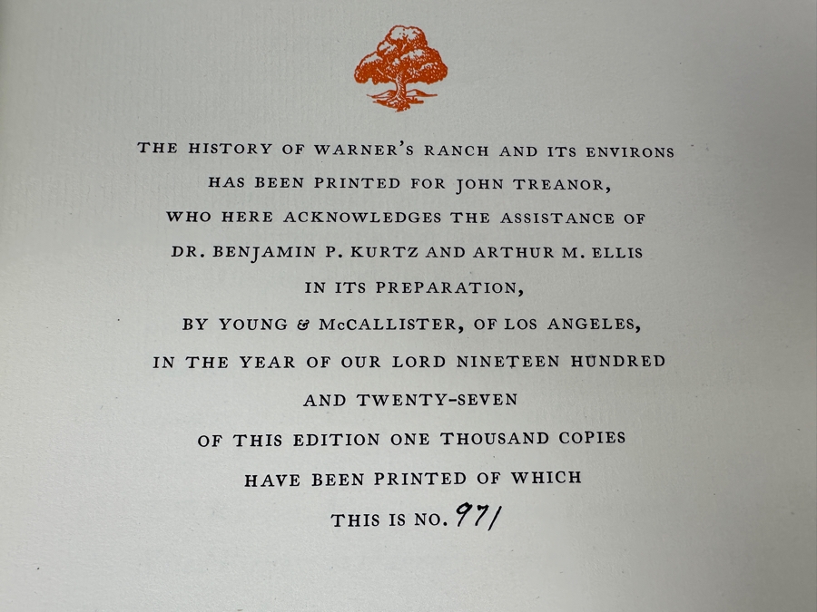 Just Added - First Limited (1,000 Copies) Edition Hardcover Book The History Of Warner's Ranch And Its Environs By Joseph J. Hill 1927 Privately Printed Los Angeles, California Estimate $200-$400 [Photo 4]