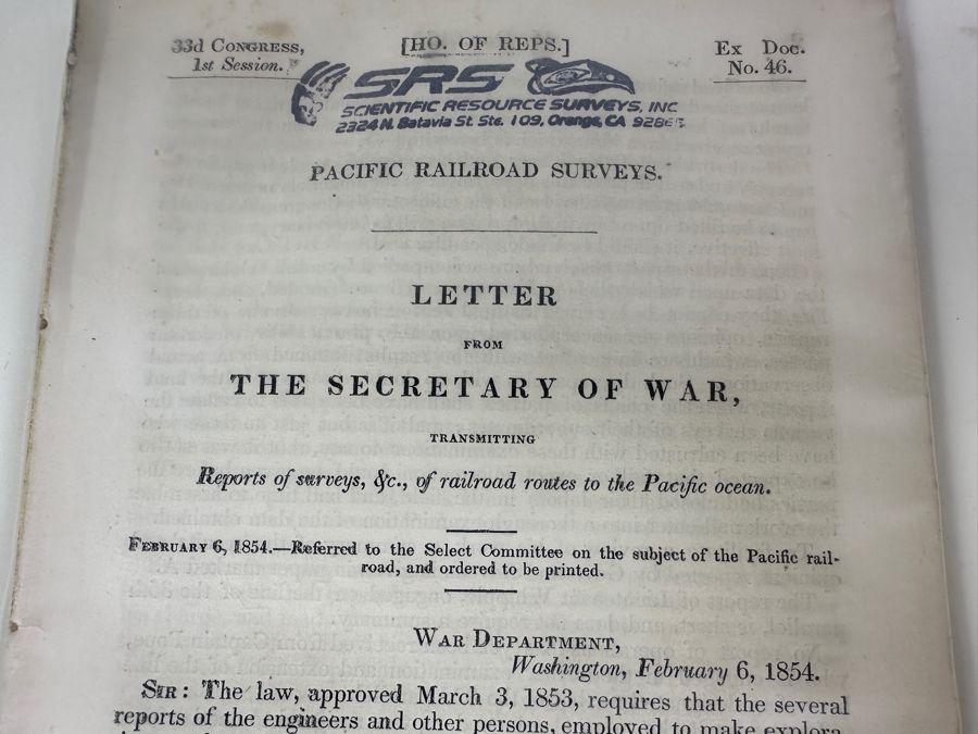 Just Added - 33rd Congress Pacific Railroad Surveys Letter From The Secretary Of THe War, Reports Of Surveys Of Railroad Routes To The Pacific Ocean February 6, 1854 [Photo 2]
