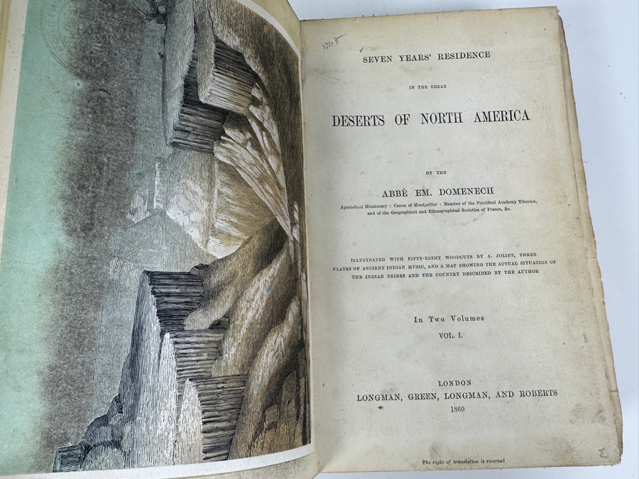 Just Added - Antique 1860 Seven Years' Residence In The Great Deserts Of North America By Abbe Em. Domenech In Two Volumes Hardcover Books London Longman, Green, Longman and Roberts Estimate $150 [Photo 11]