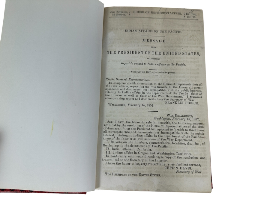 Just Added - Indian Affairs On The Pacific Message From The President Of The United States 1857 Hardcover Bound Original Document