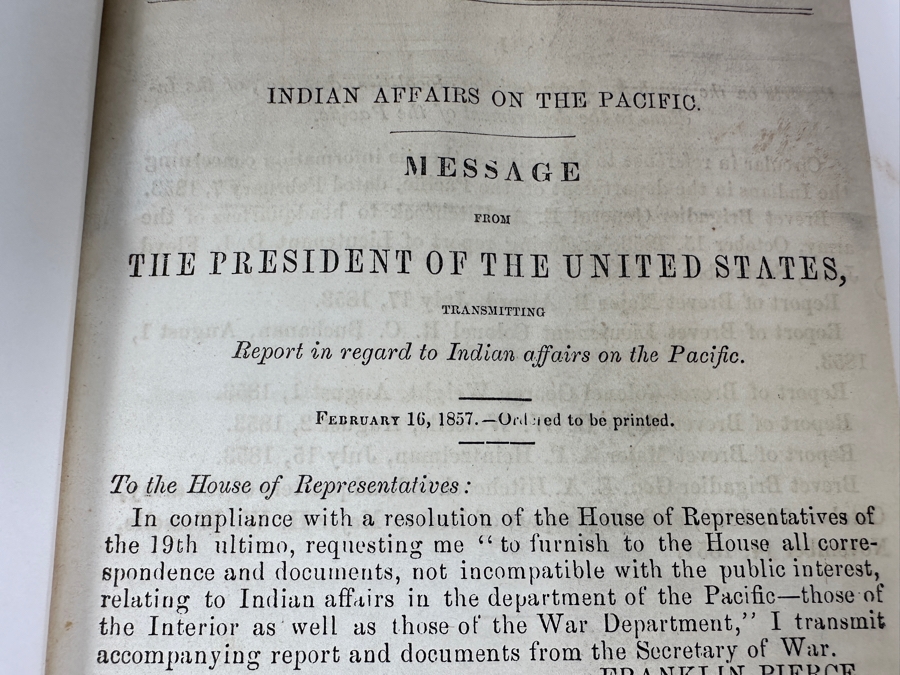 Just Added - Indian Affairs On The Pacific Message From The President Of The United States 1857 Hardcover Bound Original Document [Photo 3]