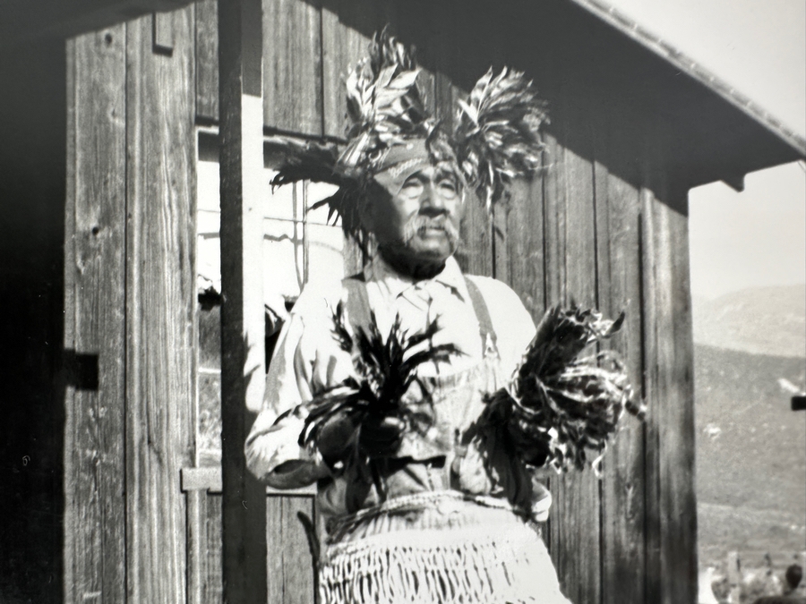 Just Added - Vintage Josephine P. Cook Southwest Museum Collection Photograph Of Juan Calac In Ceremonial Luiseno Ragalia Wearing Two Cheyat Head Tufts Of Feathers 5.5 X 9.5 [Photo 2]