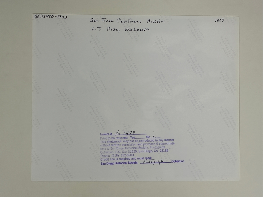 Just Added - Vintage 1907 San Diego Historical Society Photograph Of San Juan Capistrano Mission: L. T. Meza Santos Woodcarver 8 X 10 [Photo 5]