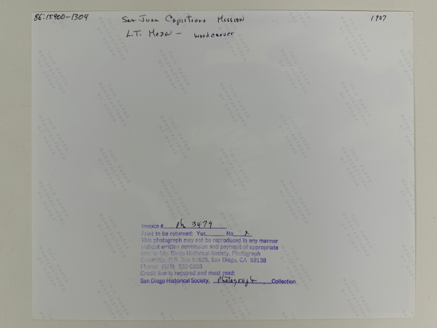 Just Added - Vintage 1907 San Diego Historical Society Photograph Of San Juan Capistrano Mission: L. T. Meza Santos Woodcarver 8 X 10 [Photo 6]