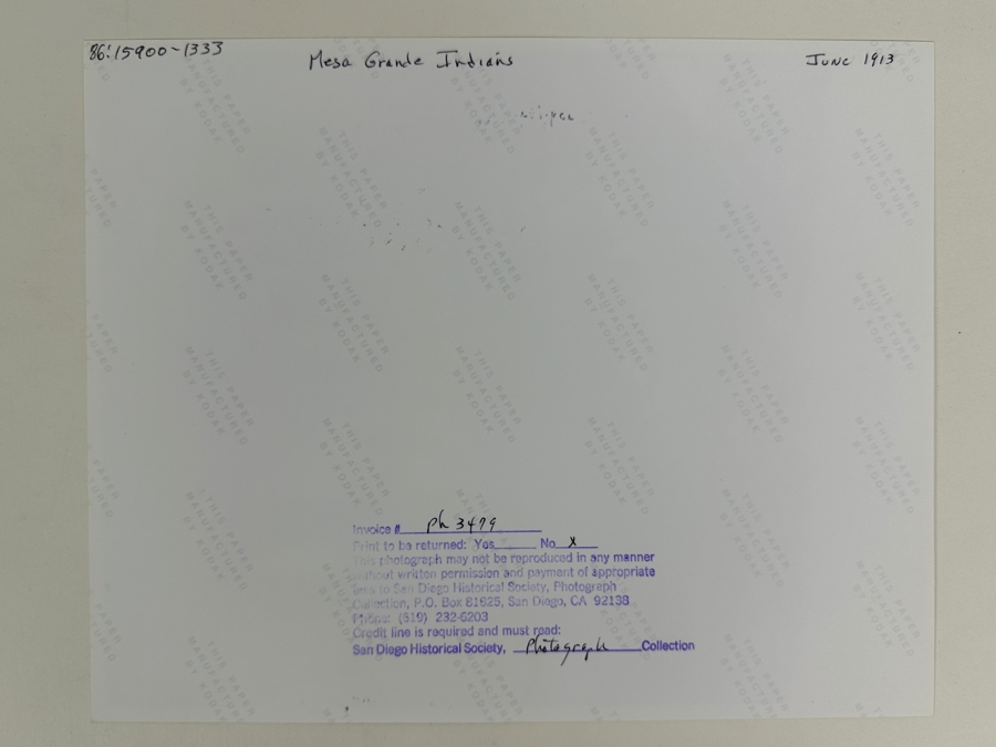 Just Added - Vintage June 1913 San Diego Historical Society Photograph Of Mesa Grande Indians 8 X 10 [Photo 4]