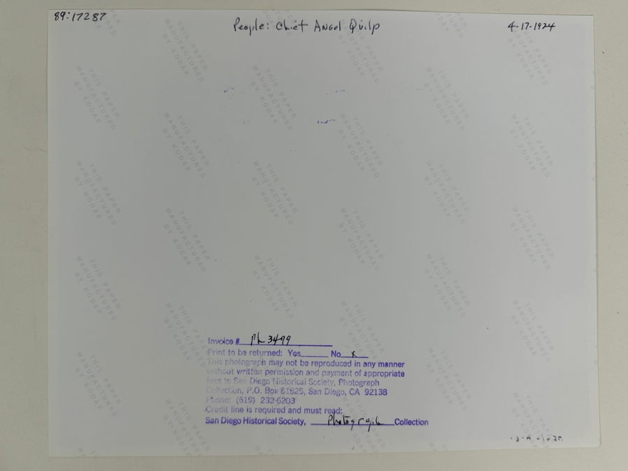 Just Added - Vintage April 17, 1924 San Diego Historical Society Photograph Of Chief Angel Quilp 8 X 10 [Photo 5]