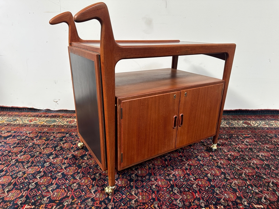 Vintage Mid-Century Modern Falster Mobelfabrik Drop-Leaf Rolling Bar Cart In Teak (2 Legs Have Hairline Cracks - See Photos) 35W X 21D X 34.5H With 22' Expandable Leaf [Photo 5]