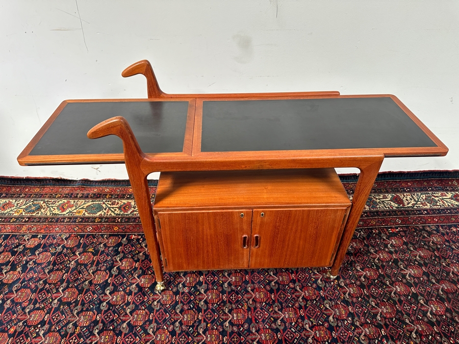 Vintage Mid-Century Modern Falster Mobelfabrik Drop-Leaf Rolling Bar Cart In Teak (2 Legs Have Hairline Cracks - See Photos) 35W X 21D X 34.5H With 22' Expandable Leaf [Photo 7]