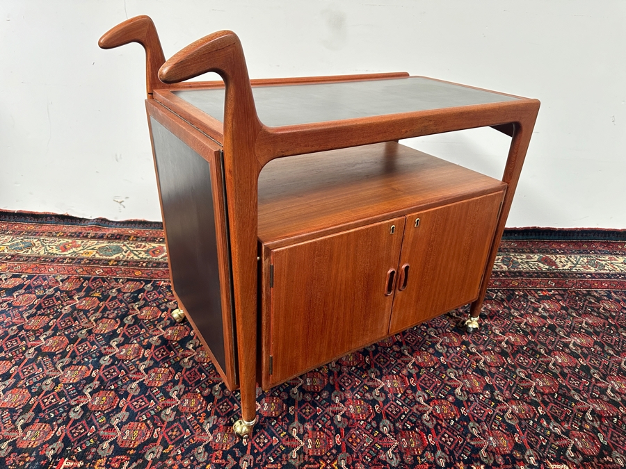 Vintage Mid-Century Modern Falster Mobelfabrik Drop-Leaf Rolling Bar Cart In Teak (2 Legs Have Hairline Cracks - See Photos) 35W X 21D X 34.5H With 22' Expandable Leaf [Photo 4]