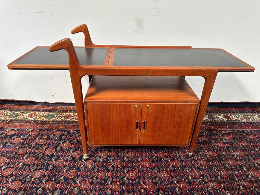 Vintage Mid-Century Modern Falster Mobelfabrik Drop-Leaf Rolling Bar Cart In Teak (2 Legs Have Hairline Cracks - See Photos) 35W X 21D X 34.5H With 22' Expandable Leaf [Photo 6]