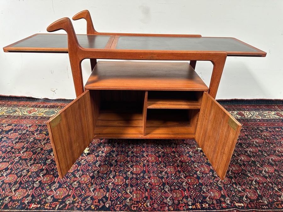 Vintage Mid-Century Modern Falster Mobelfabrik Drop-Leaf Rolling Bar Cart In Teak (2 Legs Have Hairline Cracks - See Photos) 35W X 21D X 34.5H With 22' Expandable Leaf [Photo 8]