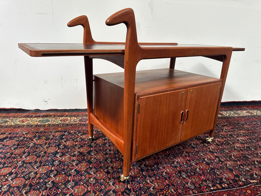 Vintage Mid-Century Modern Falster Mobelfabrik Drop-Leaf Rolling Bar Cart In Teak (2 Legs Have Hairline Cracks - See Photos) 35W X 21D X 34.5H With 22' Expandable Leaf [Photo 9]