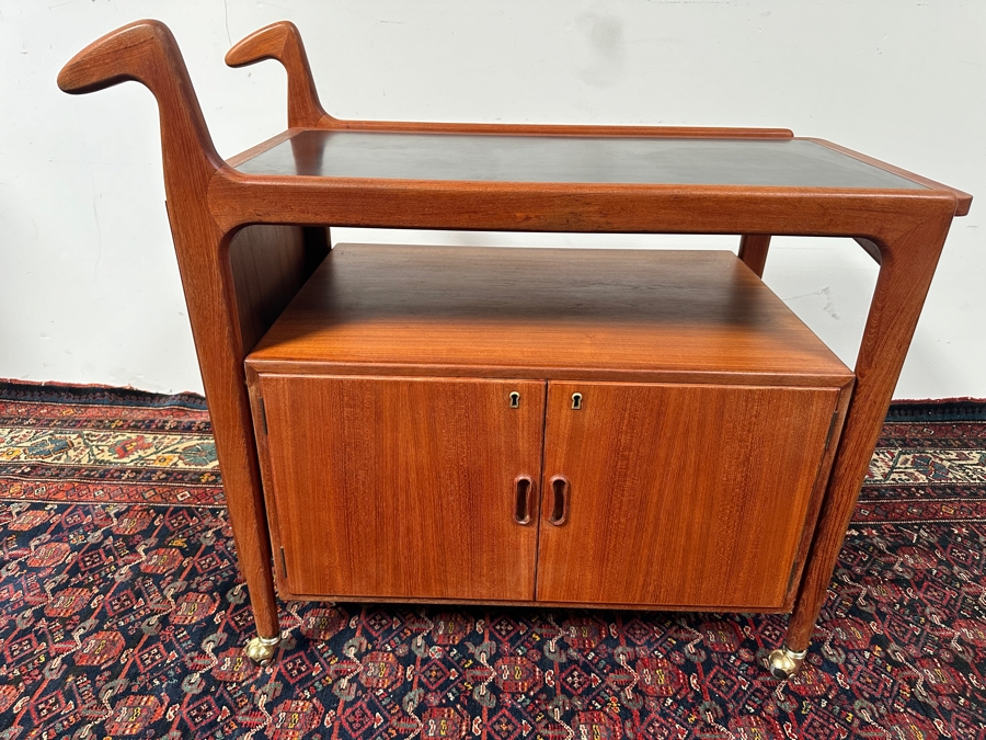 Vintage Mid-Century Modern Falster Mobelfabrik Drop-Leaf Rolling Bar Cart In Teak (2 Legs Have Hairline Cracks - See Photos) 35W X 21D X 34.5H With 22' Expandable Leaf [Photo 3]