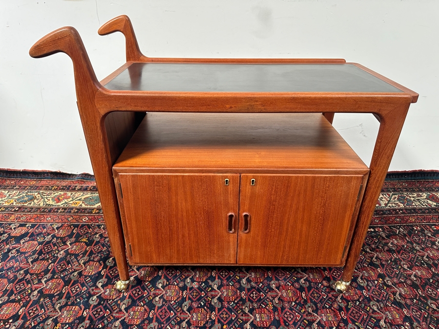Vintage Mid-Century Modern Falster Mobelfabrik Drop-Leaf Rolling Bar Cart In Teak (2 Legs Have Hairline Cracks - See Photos) 35W X 21D X 34.5H With 22' Expandable Leaf [Photo 2]