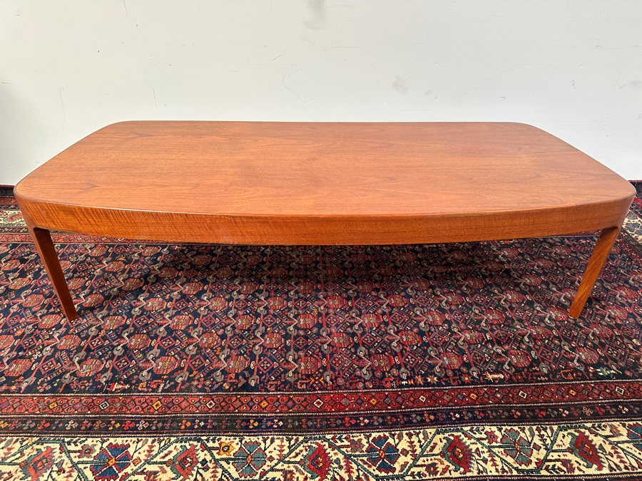 Custom Mid-Century Modern Teak Bow Front Coffee Table With Built-In Sliding Trays On Both Ends 69W X 28D X 19H [Photo 5]