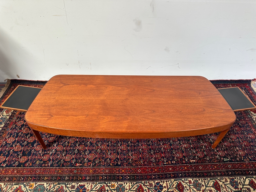 Custom Mid-Century Modern Teak Bow Front Coffee Table With Built-In Sliding Trays On Both Ends 69W X 28D X 19H [Photo 2]