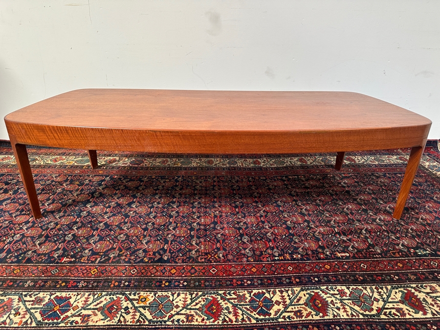 Custom Mid-Century Modern Teak Bow Front Coffee Table With Built-In Sliding Trays On Both Ends 69W X 28D X 19H [Photo 4]