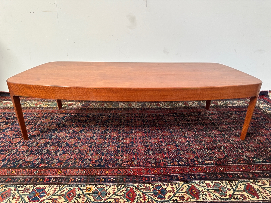 Custom Mid-Century Modern Teak Bow Front Coffee Table With Built-In Sliding Trays On Both Ends 69W X 28D X 19H [Photo 3]