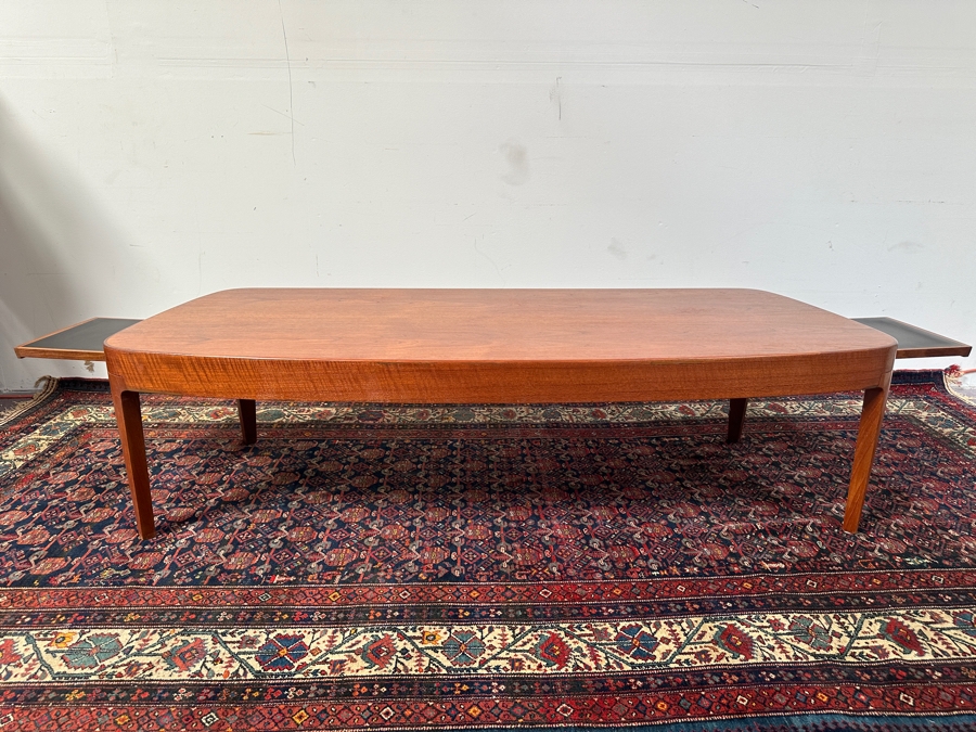 Custom Mid-Century Modern Teak Bow Front Coffee Table With Built-In Sliding Trays On Both Ends 69W X 28D X 19H [Photo 10]