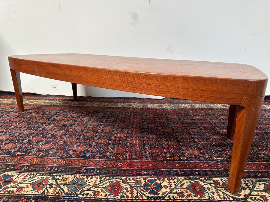 Custom Mid-Century Modern Teak Bow Front Coffee Table With Built-In Sliding Trays On Both Ends 69W X 28D X 19H [Photo 7]