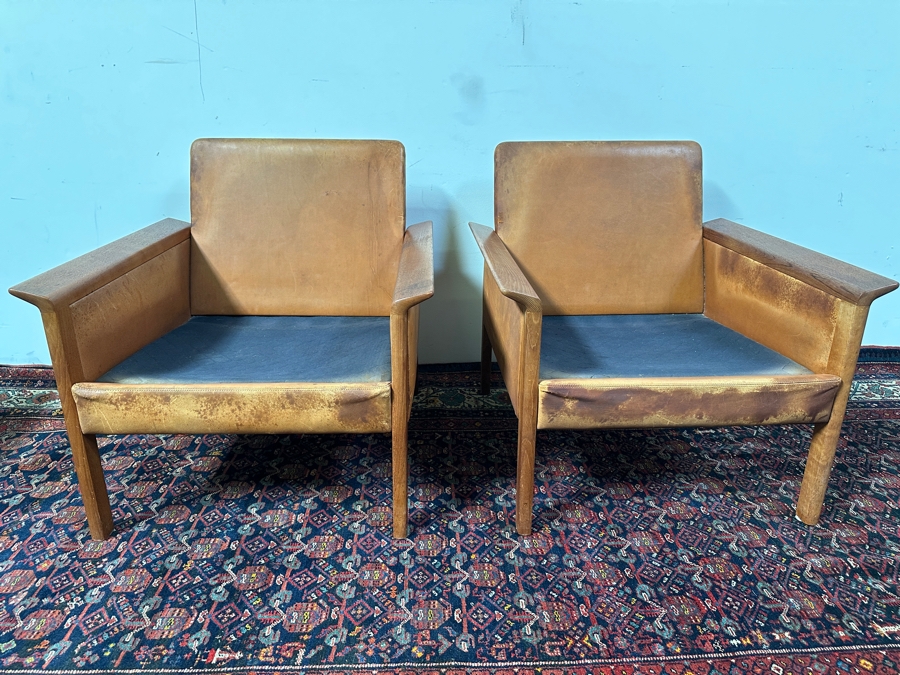 Pair Of Vintage Mid-Century Danish Modern Teak And Leather Armchairs Designed By Knut Saeter For Vatne Mobler 28W X 27D X 28H [Photo 8]