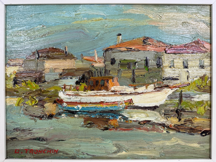 Dino Tronchin (20th Century, Italian) Original Abstract Expressionist Oil Painting On Canvas Of A Ship In Harbor Artist Signed Lower Left Titled And Signed On Verso 16 X 12 [Photo 3]
