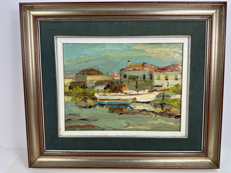 Dino Tronchin (20th Century, Italian) Original Abstract Expressionist Oil Painting On Canvas Of A Ship In Harbor Artist Signed Lower Left Titled And Signed On Verso 16 X 12 [Photo 2]