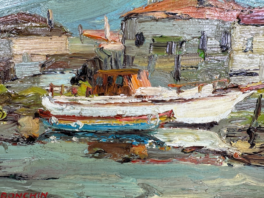 Dino Tronchin (20th Century, Italian) Original Abstract Expressionist Oil Painting On Canvas Of A Ship In Harbor Artist Signed Lower Left Titled And Signed On Verso 16 X 12 [Photo 5]