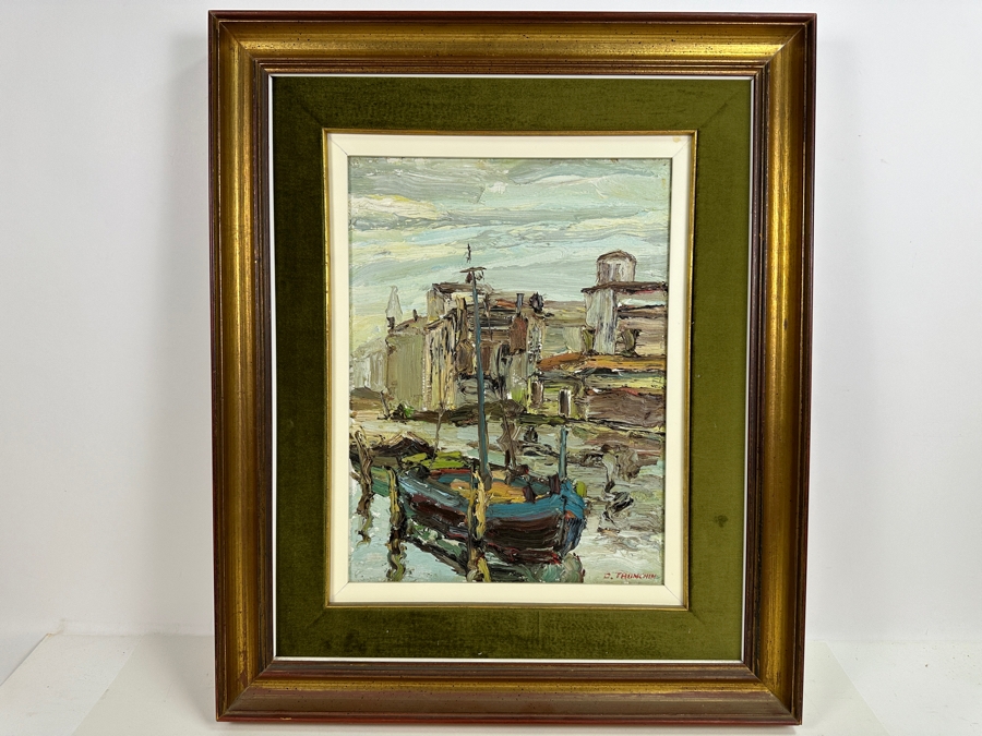 Dino Tronchin (20th Century, Italian) Original Abstract Expressionist Oil Painting On Canvas Of A Ship In Harbor Artist Signed Lower Right Titled And Signed On Verso 12 X 16 [Photo 2]