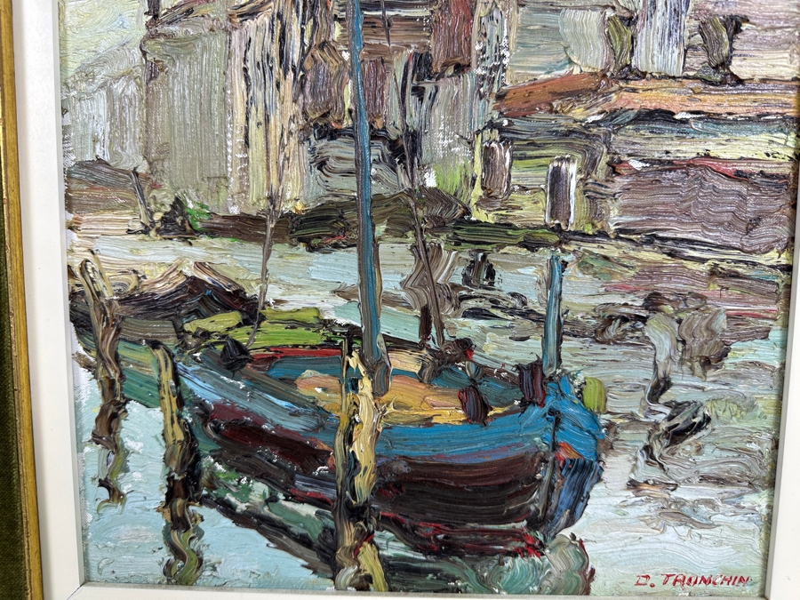 Dino Tronchin (20th Century, Italian) Original Abstract Expressionist Oil Painting On Canvas Of A Ship In Harbor Artist Signed Lower Right Titled And Signed On Verso 12 X 16 [Photo 3]