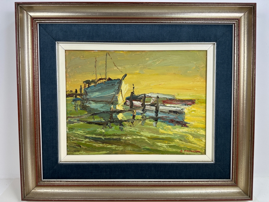 Dino Tronchin (20th Century, Italian) Original Abstract Expressionist Oil Painting On Canvas Of A Ship In Harbor Artist Signed Lower Right Titled And Signed On Verso 16 X 12 [Photo 2]