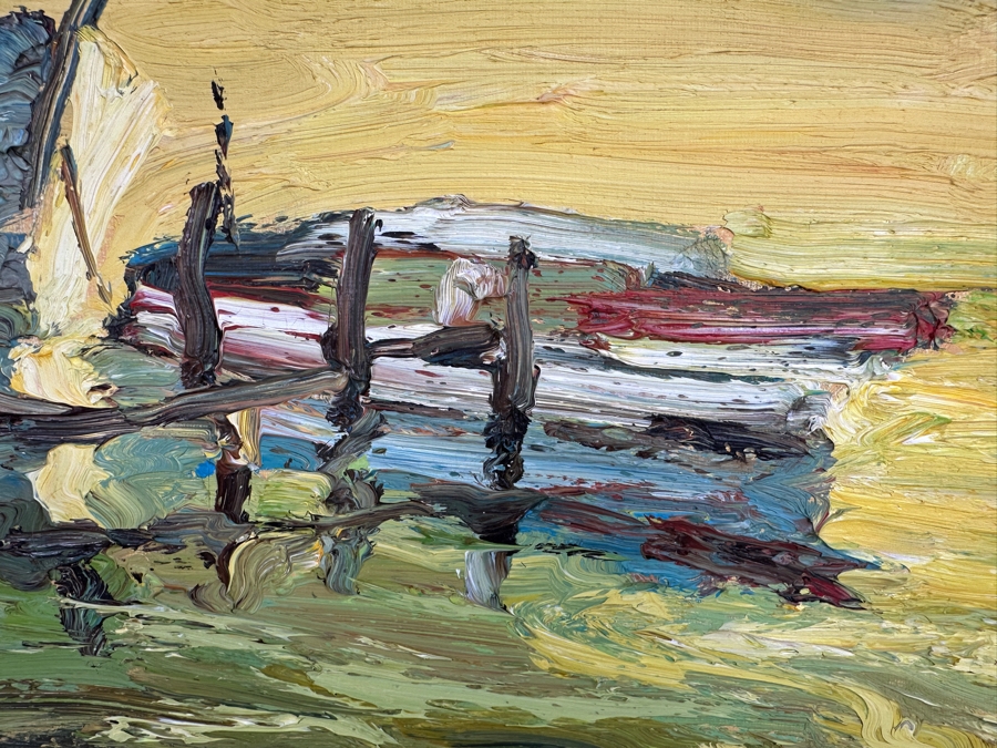 Dino Tronchin (20th Century, Italian) Original Abstract Expressionist Oil Painting On Canvas Of A Ship In Harbor Artist Signed Lower Right Titled And Signed On Verso 16 X 12 [Photo 4]