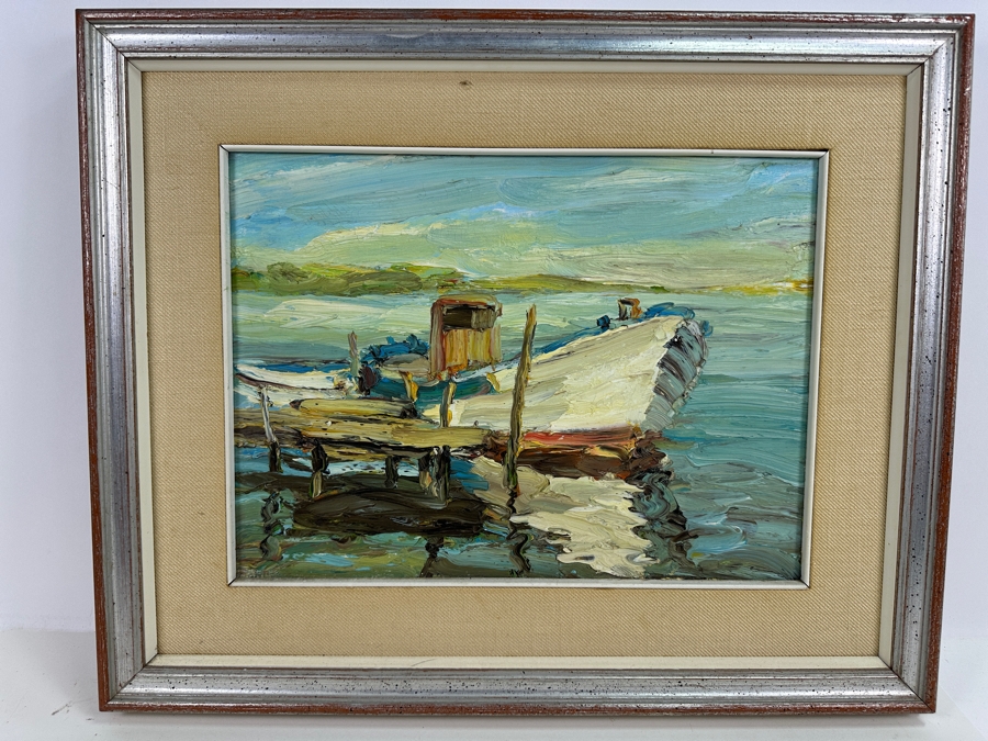 Dino Tronchin (20th Century, Italian) Original Abstract Expressionist Oil Painting On Canvas Of Ship In Harbor Artist Signed And Titled On Verso 16 X 12 [Photo 2]