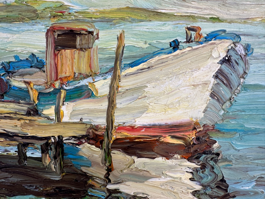 Dino Tronchin (20th Century, Italian) Original Abstract Expressionist Oil Painting On Canvas Of Ship In Harbor Artist Signed And Titled On Verso 16 X 12 [Photo 3]