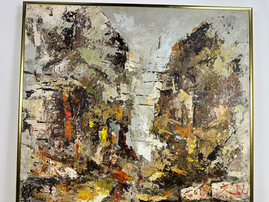 Vintage Mid-Century Original Abstract City Scene Oil Painting On Canvas Artist Signed Lower Left Illegible Signature 20 X 30 [Photo 4]