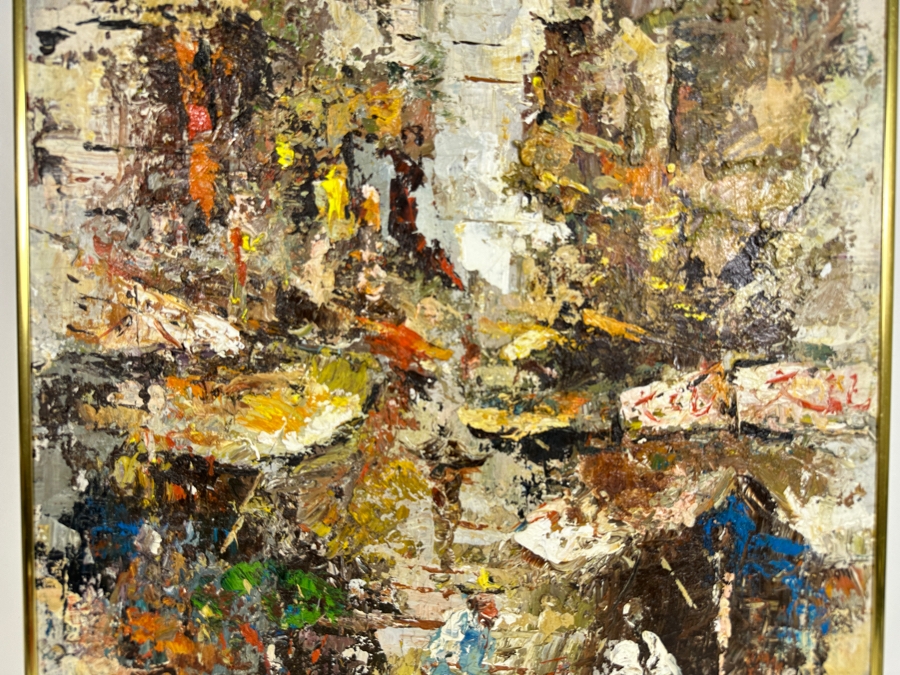 Vintage Mid-Century Original Abstract City Scene Oil Painting On Canvas Artist Signed Lower Left Illegible Signature 20 X 30 [Photo 3]