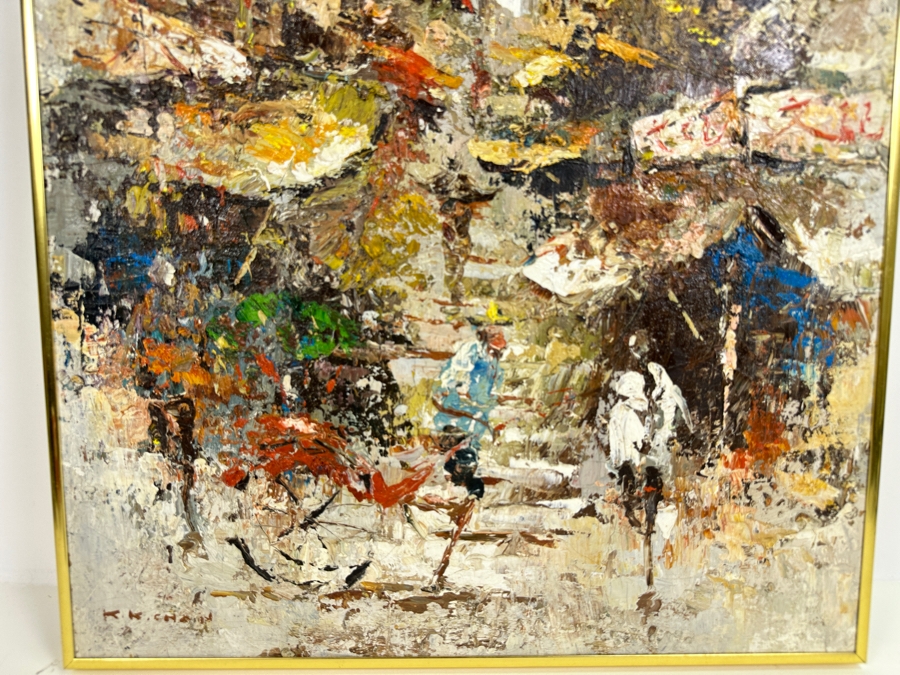 Vintage Mid-Century Original Abstract City Scene Oil Painting On Canvas Artist Signed Lower Left Illegible Signature 20 X 30 [Photo 2]