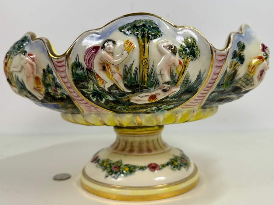 Large Vintage Signed Italian Capodimonte Footed Porcelain Hand Painted Pedestal Bowl 13.5W X 7H Slight Chip On Bottom Of Base [Photo 6]
