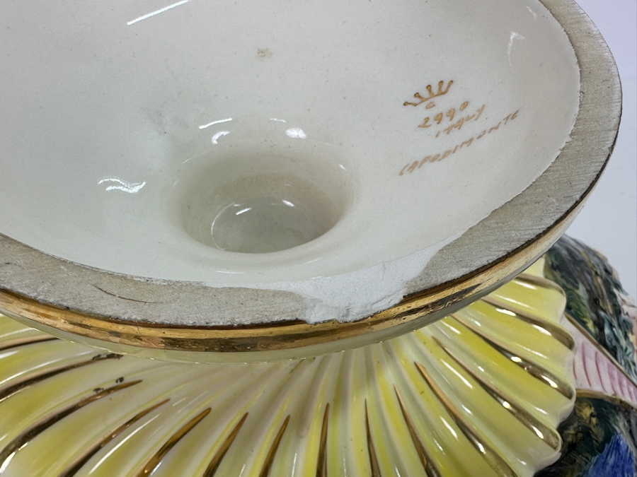 Large Vintage Signed Italian Capodimonte Footed Porcelain Hand Painted Pedestal Bowl 13.5W X 7H Slight Chip On Bottom Of Base [Photo 16]