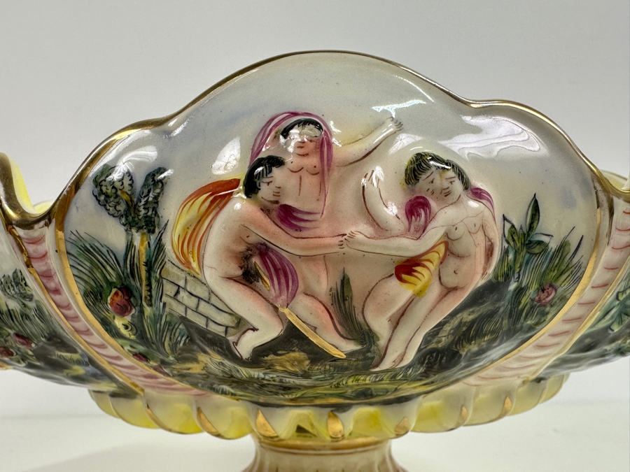 Large Vintage Signed Italian Capodimonte Footed Porcelain Hand Painted Pedestal Bowl 13.5W X 7H Slight Chip On Bottom Of Base [Photo 13]
