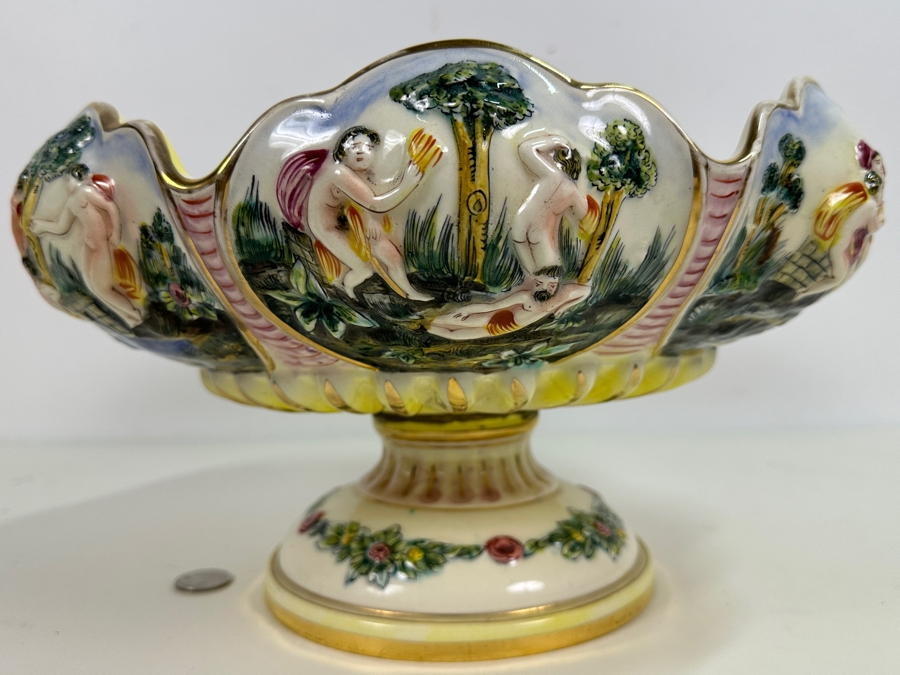 Large Vintage Signed Italian Capodimonte Footed Porcelain Hand Painted Pedestal Bowl 13.5W X 7H Slight Chip On Bottom Of Base [Photo 7]