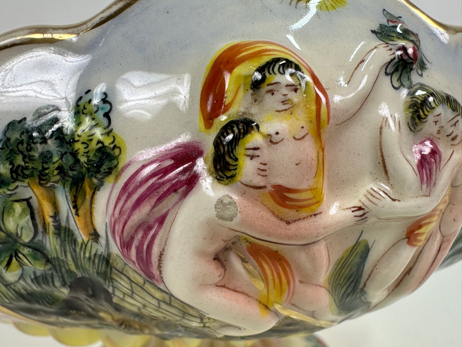Large Vintage Signed Italian Capodimonte Footed Porcelain Hand Painted Pedestal Bowl 13.5W X 7H Slight Chip On Bottom Of Base [Photo 11]