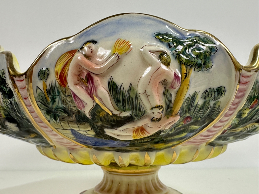 Large Vintage Signed Italian Capodimonte Footed Porcelain Hand Painted Pedestal Bowl 13.5W X 7H Slight Chip On Bottom Of Base [Photo 12]