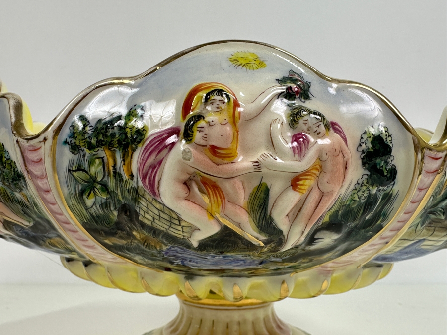 Large Vintage Signed Italian Capodimonte Footed Porcelain Hand Painted Pedestal Bowl 13.5W X 7H Slight Chip On Bottom Of Base [Photo 10]
