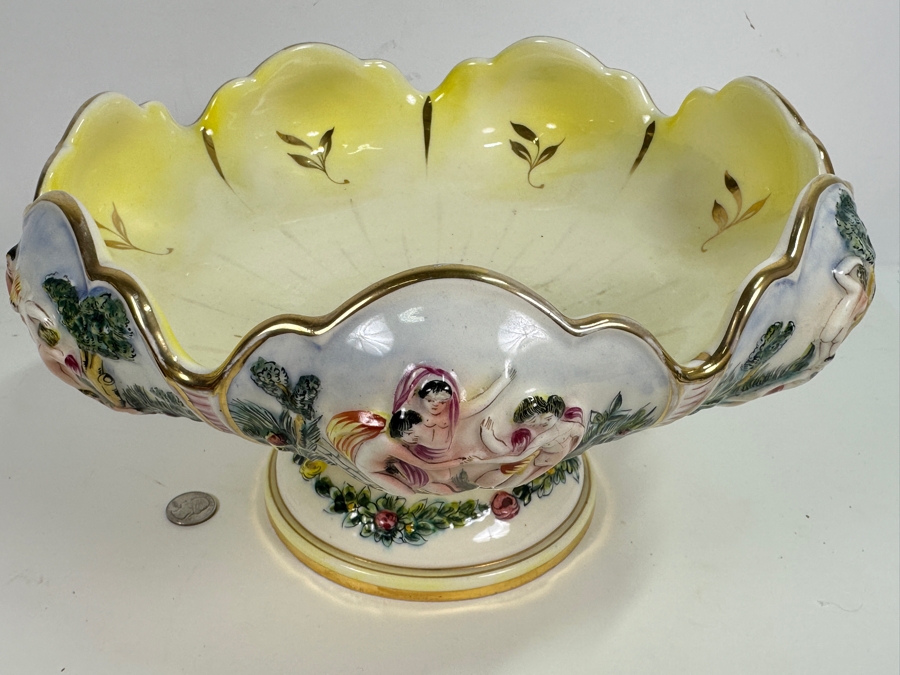 Large Vintage Signed Italian Capodimonte Footed Porcelain Hand Painted Pedestal Bowl 13.5W X 7H Slight Chip On Bottom Of Base [Photo 2]
