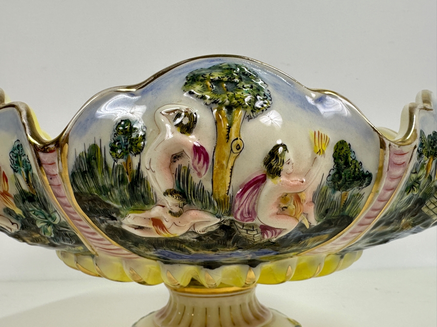 Large Vintage Signed Italian Capodimonte Footed Porcelain Hand Painted Pedestal Bowl 13.5W X 7H Slight Chip On Bottom Of Base [Photo 9]